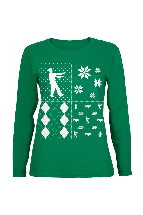 Zombies Festive Blocks Ugly XMAS Sweater Green Womens Long Sleeve T-Shirt - Medium