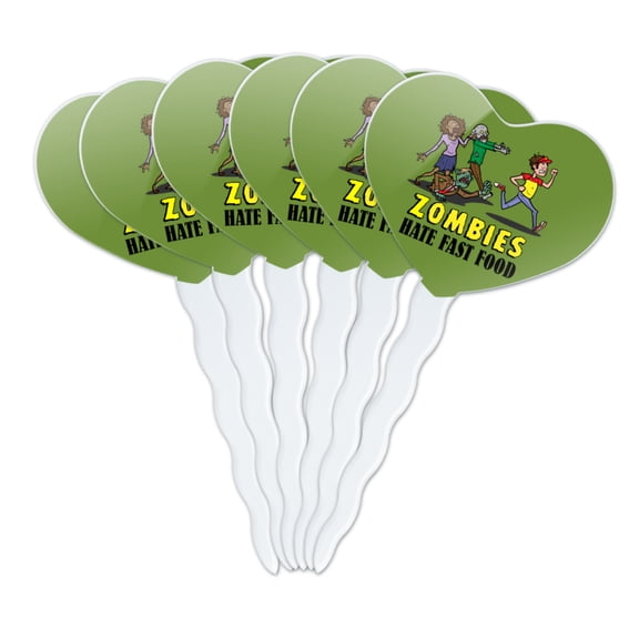 Zombies Hate Fast Food Funny Heart Love Cupcake Picks Toppers Decoration Set of 6