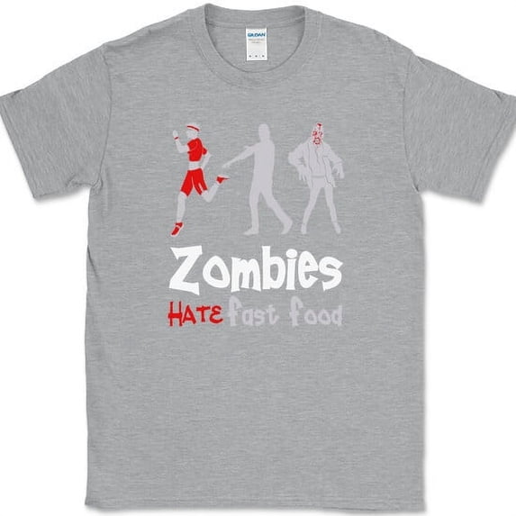 Zombies Hate Fast Food T-Shirt Funny TWD Humor Apocalypse Tee - Heather Grey, 5XL