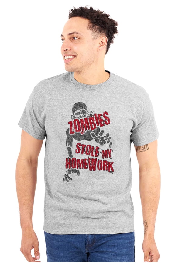 Zombies Homework Excuse Horror Nerd Plus Size Crewneck Graphic Tee Shirt Brisco Brands 3X