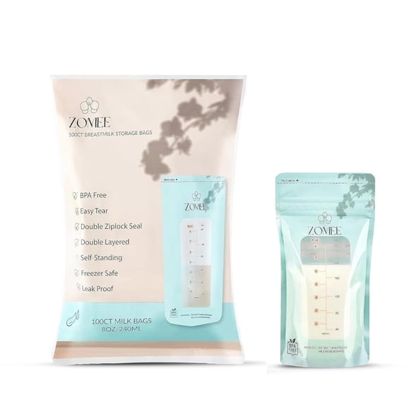 Zomee Breast Milk Storage Bags 8oz – Leakproof Double-Zip Seal, Self-Standing, Easy-Pour Design, Freezer Safe, Pre-Sterilized, BPA & Phthalate Free – Bulk Pack of 100