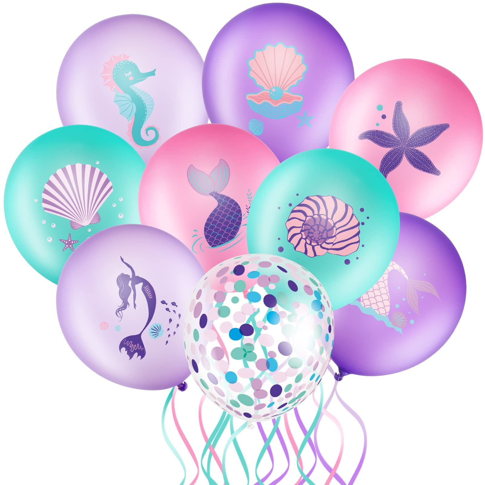 Zomiboo Mermaid Party Balloons Set Under the Sea Theme Birthday Decorations Ocean Mermaid Purple Pink Green Latex Confetti Balloon for Kids Girls Boys Birthday Princess Party Supplies 36 Pieces C3