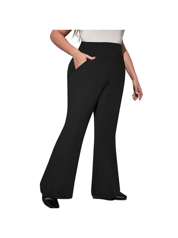 Plus Size Flared Yoga Pants for Women with Pockets Solid Color High Waisted Oversized Workout Bell-Bottoms
