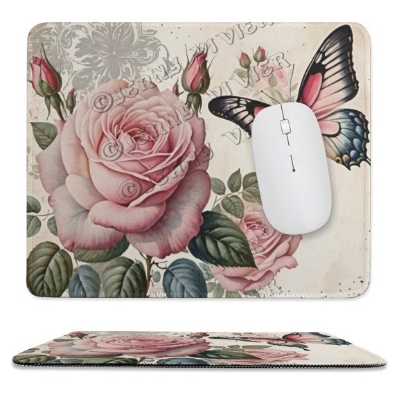 Zomyto 10x12 In Mouse Pad Pink Rose And Butterfly Themed Non-Slip Rubber Base MousePads With Stitched Edge CF-A111
