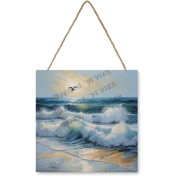 Zomyto 12x12 In Square Hanging Wood Sign Beach Wave Bird Wall Art