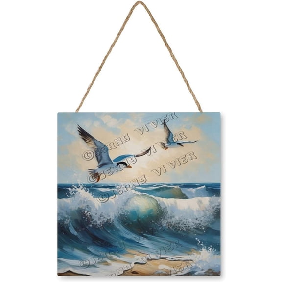 Zomyto 12x12 In Square Hanging Wood Sign Beach Wave Bird Wall Hanger Sign