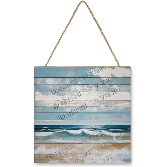 Zomyto 12x12 In Square Hanging Wood Sign Beach Wave Sky Cloud Wall Decor
