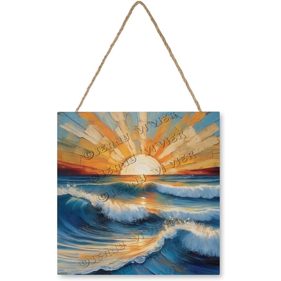 Zomyto 12x12 In Square Hanging Wood Sign Ocean Wave Wooden Hanging Sign