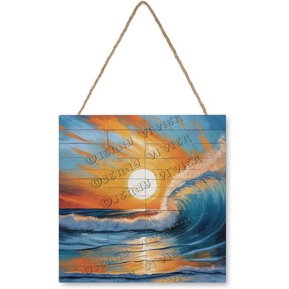 Zomyto 12x12 In Square Hanging Wood Sign Ocean Wave Wooden Wall Decor