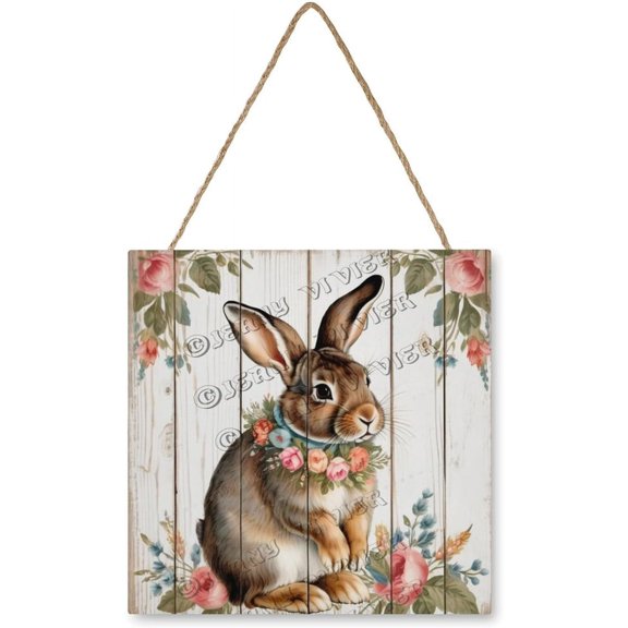 Zomyto 12x12 In Square Hanging Wood Sign Rabbit Wooden Wall Art