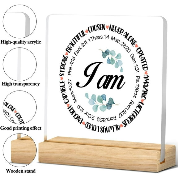 Zomyto 4"x4" Positive Religious Gifts I Am Quotes Bible Verse Clear Desk Decorative Sign Encouragement Scripture Acrylic Plaque With Wooden Stand Sign