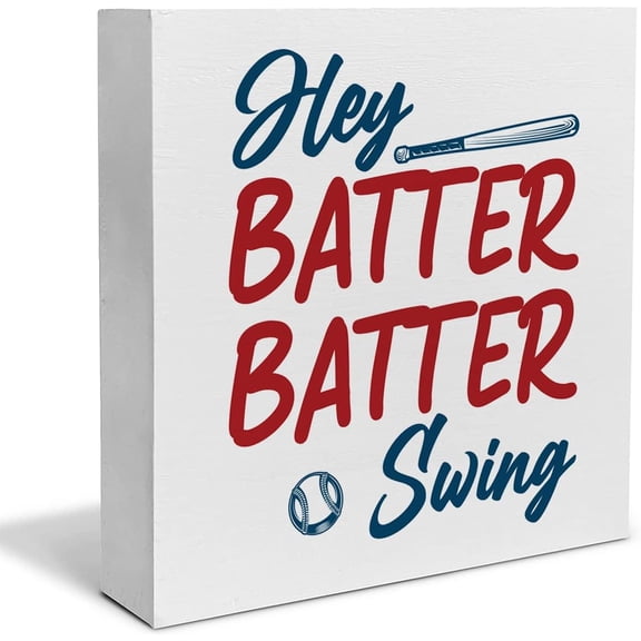 Zomyto 5"x5" Baseball Players Decorative Wooden Box Sign Hey Batter Batter Swing Wood Block Plaque Decor Home Table Shelf or Wall Display