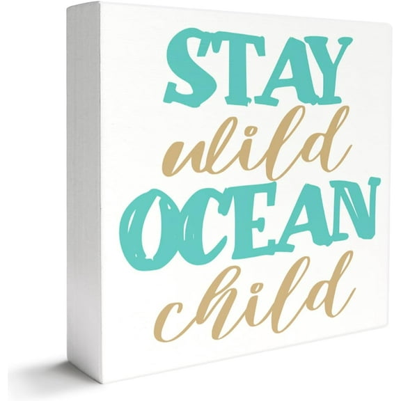 Zomyto 5"x5" Beach Decor Wooden Box Sign, Beach Room Home Bathroom Decor Beach House Ocean Coastal Sea Decoration, Stay Wild Ocean Child, Beach Gifts Kids
