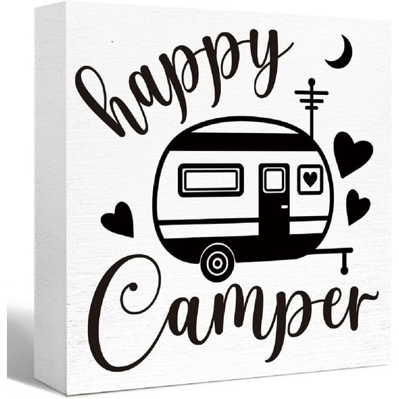 Zomyto 5"x5" Camping Decor Funny Camping Sign Rustic Happy Camper Wood Block Sign,Camper Decorations Accessories for Inside,Camping Gifts
