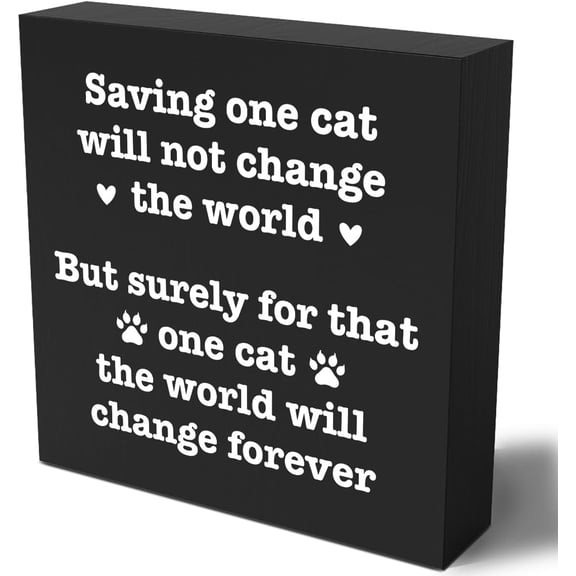 Zomyto 5"x5" Cat Decor Inspirational Cat Rescue Wood Sign Desk Decor Rustic Black Wooden Box Sign