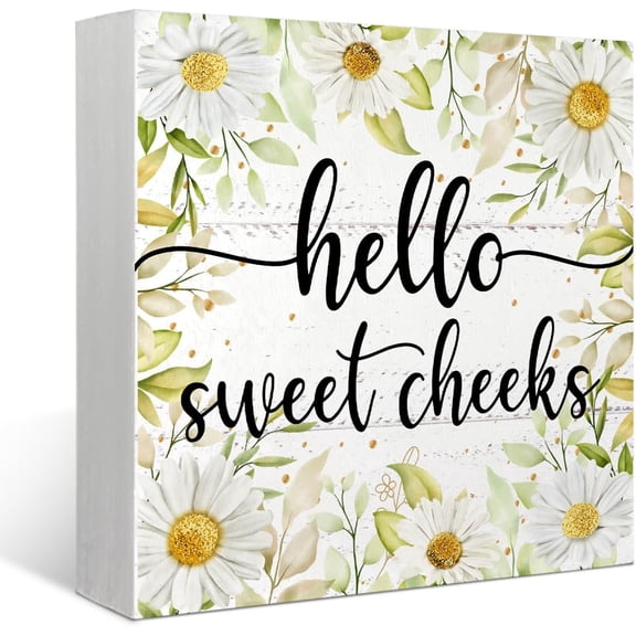 Zomyto 5"x5" Daisy Bathroom Decor,Spring Hello Sweet Cheeks Bathroom Sign,Bathroom Shelf Decor,Daisy Decorations for Home Wood Box Sign Decor Rustic,Bathroom Spring Decor
