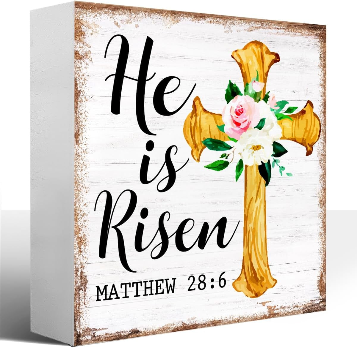 Zomyto 5"x5" Easter Religious Desk Decor,Matthew 286 Wood Sign,He is Risen Cross Sign Easter