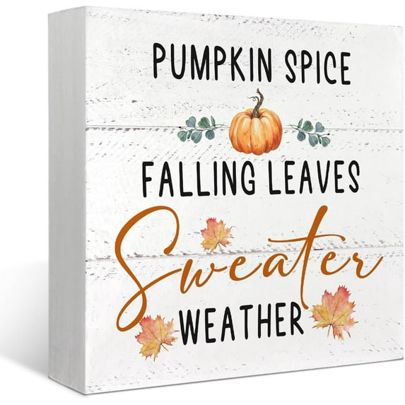 Zomyto 5"x5" Fall Decor for Table Wood Box Sign Pumpkin Spice Falling Leaves Sweater Weather Autumn Thanksgiving Seasonal Desk Decor