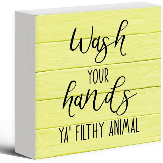 Zomyto 5"x5" Funny Bathroom Decor, Wash Your Hands Ya’ Filthy Animal Humor Washroom Wooden Block Sign Decorations