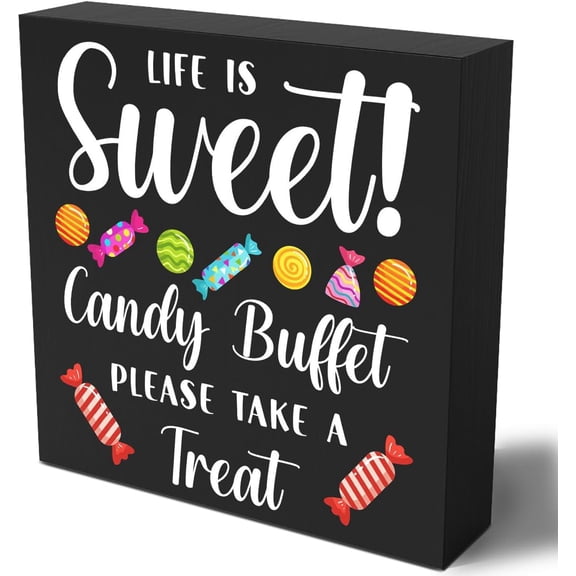 Zomyto 5"x5" Funny Candy Buffet Wooden Box Sign Plaque Life is Sweet Candy Buffet Please Take a Treat Wood Box Sign
