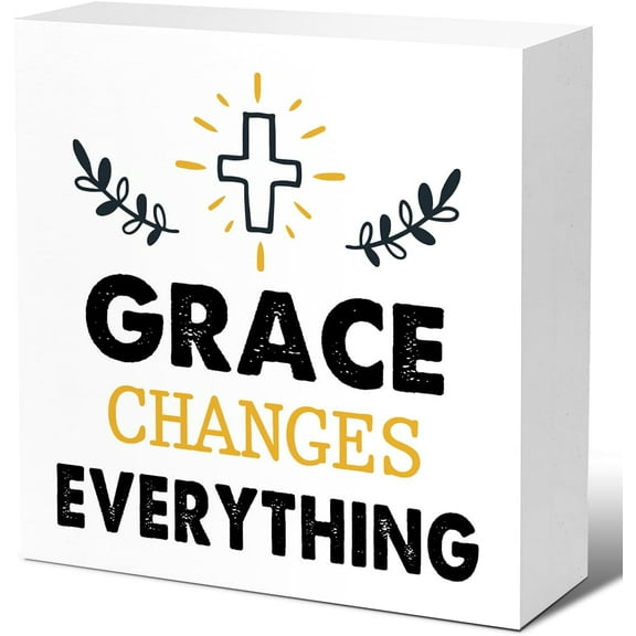 Zomyto 5"x5" Gift of Christianity Wood Block Signs,Grace Changes Everything Wooden Box Sign for Home Shelf Office Tabletop Desk Decor