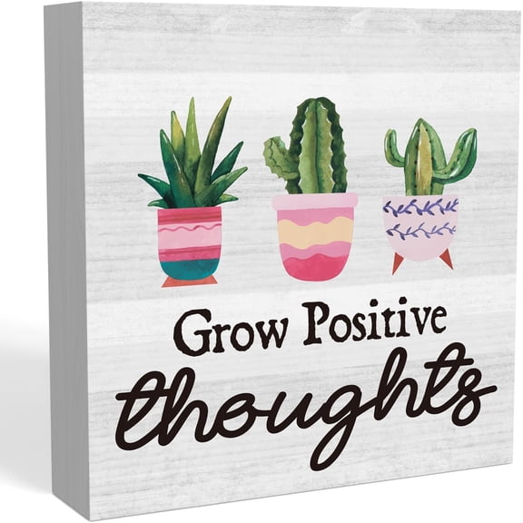 Zomyto 5"x5" Grow Positive Thoughts Cactus Succulent Desk Decor Wood Sign Encouragement Gifts Rustic Farmhouse Bathroom Shelf Home Office Desk Decor
