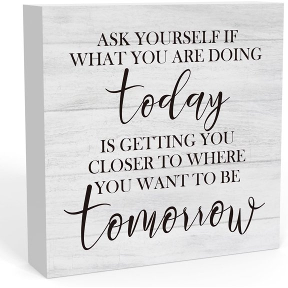Zomyto 5"x5" Inspirational Ask Yourself Wooden Box Sign Office Desk Decor Motivational Wood Box Sign