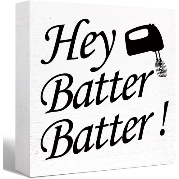 Zomyto 5"x5" Kitchen Wood Box Signs,Hey Batter Batter Kitchen Wood Block Signs with Sayings,Funny Kitchen Sign Decor for Shelf