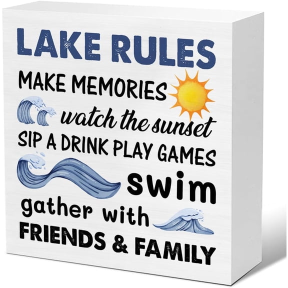 Zomyto 5"x5" Lake Decor - Summer Decorations Lake Rules Wooden Decorative Sign Rustic Home House Decor
