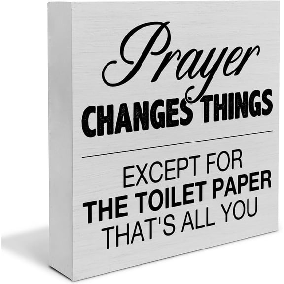 Zomyto 5"x5" Rustic Bathroom Wooden Box Sign Desk Decor,Prayer Changes Things Except for the Toilet Paper Wood Block Sign with Sayings