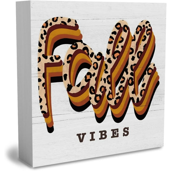 Zomyto 5"x5" Rustic Fall Vibes Leopard Print Wood Box Sign, Farmhouse Retro Fall Artwork Decor, Autumn Harvest Thanksgiving