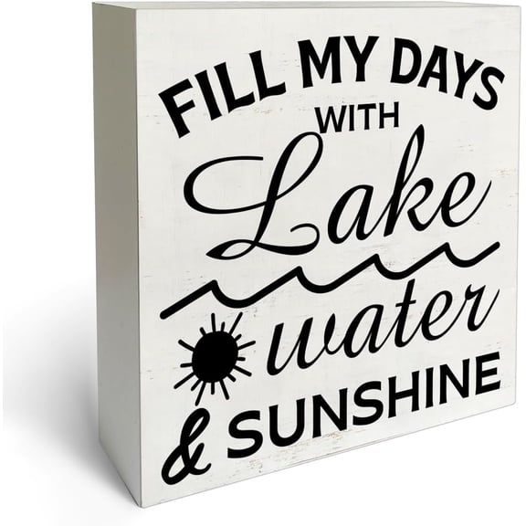 Zomyto 5"x5" Rustic Farmhouse Style Fill My Days With Lake Water and Sunshine Box Sign Wood Desk Sign Decor Lake Theme Wooden Block Plaque Box Sign Lake House Cottage Home
