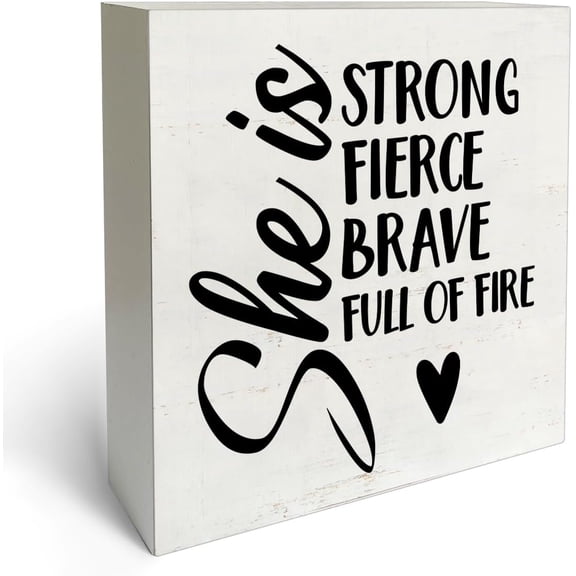 Zomyto 5"x5" Rustic Farmhouse Style Uplifting Quotes Women Empowerment Box Sign Wood Desk Sign Decor She Is Strong Fierce Brave Full of Fire Wooden Block Plaque Box Sign Home Office