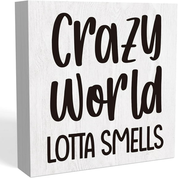 Zomyto 5"x5" Rustic Funny Farmhouse Bathroom Toilet Decor Crazy World Lotta Smells Wood Sign, Humor Black and White Decorations for Half Bathroom Shelves Accessories