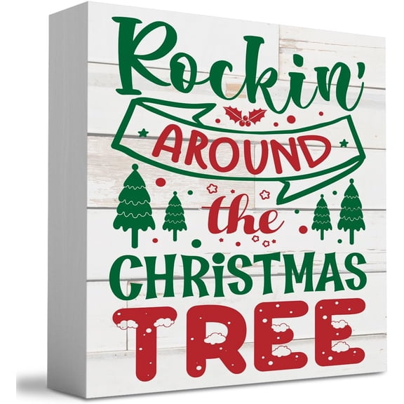 Zomyto 5"x5" Rustic Winter Merry Christmas Tree Wood Box Sign,Farm house Rock in Around The Christmas Tree Christmas Santa Artwork Decor