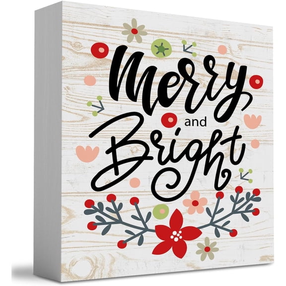 Zomyto 5"x5" Rustic Winter Merry and Bright Christmas Tree Wood Box Sign,Retro Farm house Christmas Santa Artwork Decor