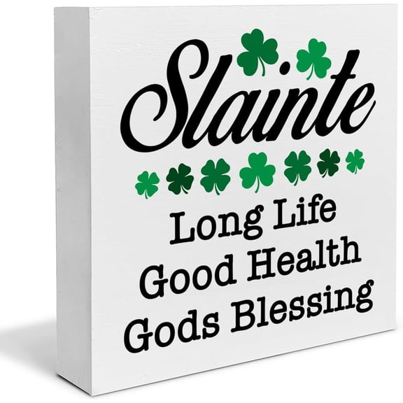 Zomyto 5"x5" St. Patrick Day Decor - Slainte Long Life Good Health Gods Blessing Wood Box Sign St Patrick Day Wood Block Sign Desk