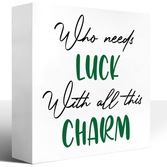 Zomyto 5"x5" St Patrick Day Decorations for The Home,Who Needs Luck with All This Charm Wood Block Plaque Box Sign,Irish St.Patrick's Day Wooden Box Decor