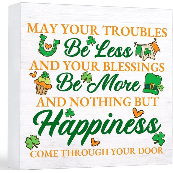 Zomyto 5"x5" St. Patricks Day Decor May Your Troubles Be Less and Your Blessings Be More Wood Sign Home Kitchen Desk Tabletop Shelf Decor, St Patricks Day Decorations