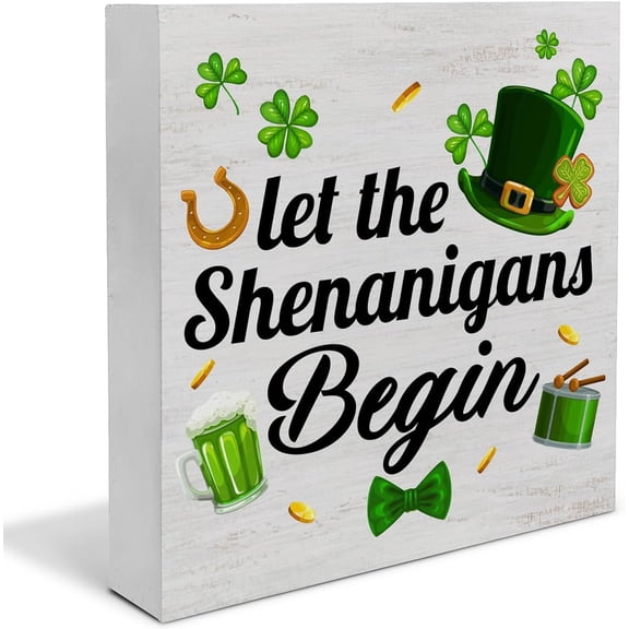 Zomyto 5"x5" St. Patricks Day Decor, Rustic Let the Shenanigans Begin Wood Block Sign St Patricks Day Decorations Home Tabletop Shelf Desk Decor,