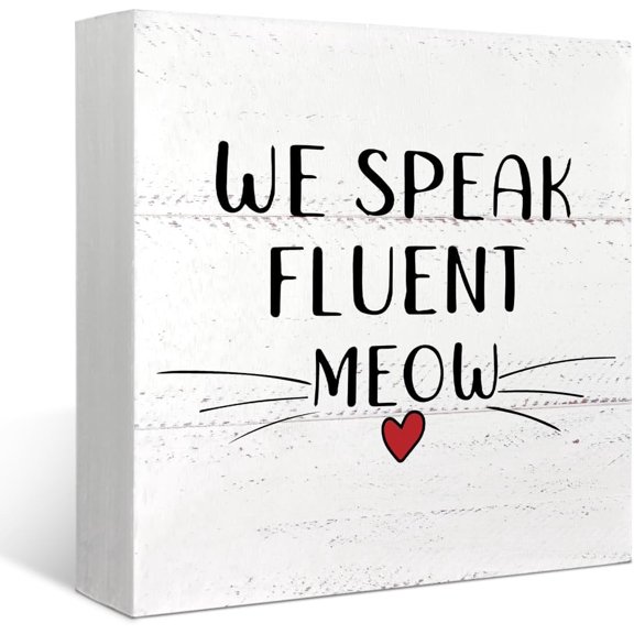Zomyto 5"x5" We Speak Fluent Meow Cute Cat Face Wood Box Sign Desk Decor Funny Cat Kitty Wooden Box Block Sign Decorations