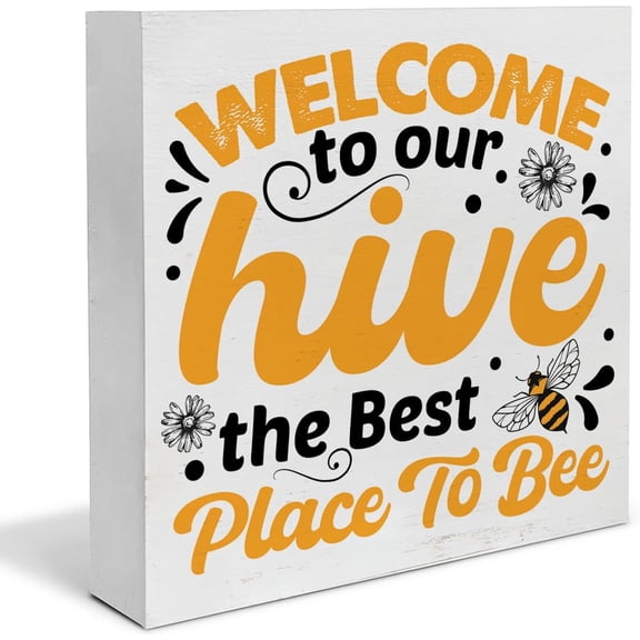 Zomyto 5"x5" Welcome to Our Hive Wood the Best Place to Be Box Sign Art Desk Decor Summer Wood Block Sign Decor for Home Farmhouse Table Shelf Wall