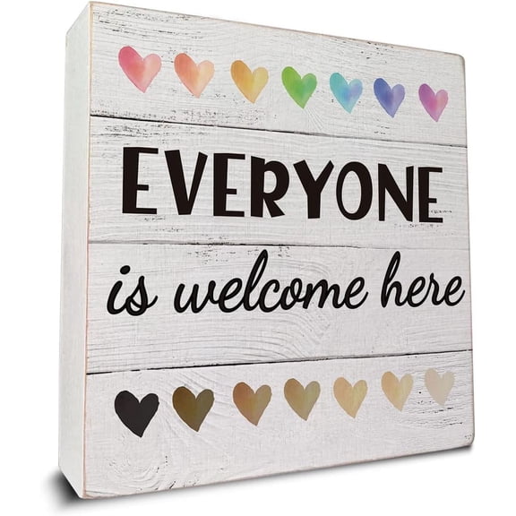 Zomyto 5x5 IN Everyone is Welcome Here Wooden Box Sign Desk Decor, Equality Quote