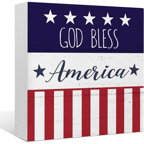 Zomyto 5x5 IN God Bless America Patriotic Wooden Signs,Independence Day Wooden Box Sign Desk Decor