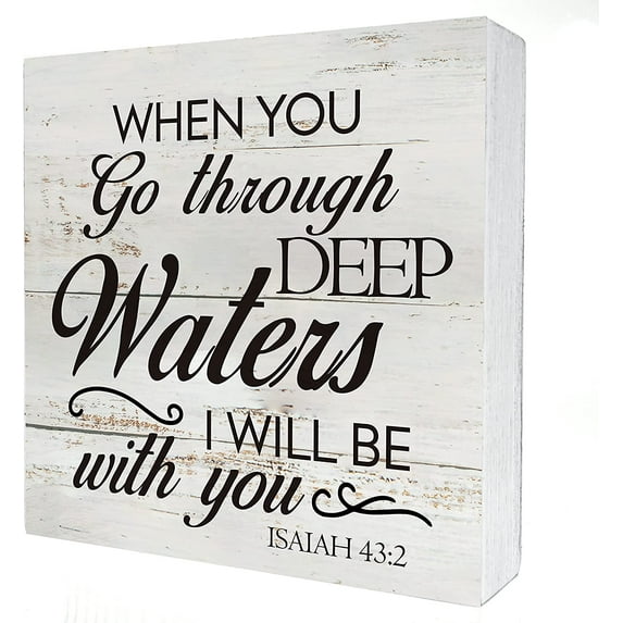 Zomyto 5x5 IN Inspirational Bible Verse When You Go Through Deep Waters Wooden Box Sign Desk Decor
