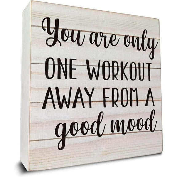 Zomyto 5x5 IN You are Only One Workout Away from a Good Mood Wooden Box Sign Desk Decor, Inspirational Quote