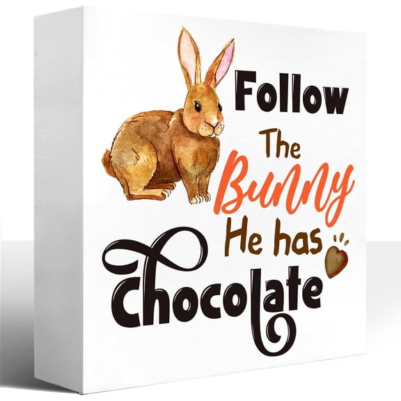 Zomyto 5x5 In Follow the Bunny He has Chocolate Easter Wooden Block Plaque Shelf Table Decoration
