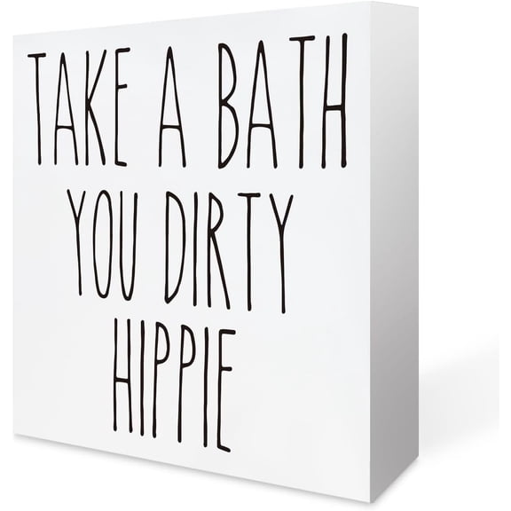 Zomyto 5x5 In Funny Bathroom Wooden Box Sign Decor Desk Sign Take a Shower You Dirty Hippie Wooden Box Block Sign