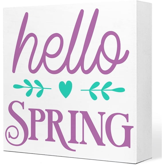 Zomyto 5x5 In Hello Spring Desk Decor,Funny Spring Wood Sign Desk Deocr,Spring Wooden Block Plaque