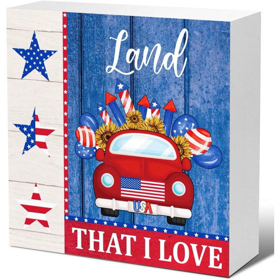 Zomyto 5x5 In Independence Day Wooden Plaque,Land That I Love Wooden Box Sign Desk Decor,4th of July Day Decor
